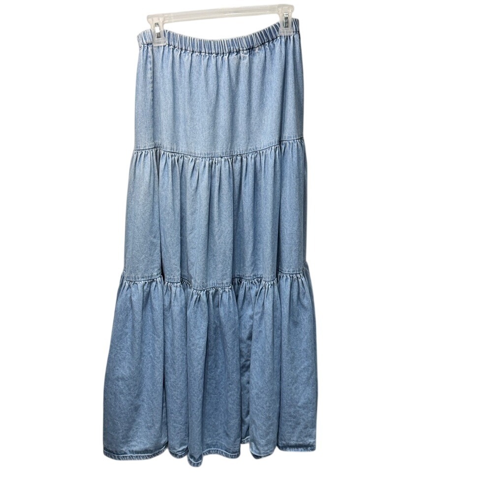 Mahan Light Wash Denim Tiered Maxi Skirt Elastic Waist Cotton Boho Blue Large - Picture 2 of 3